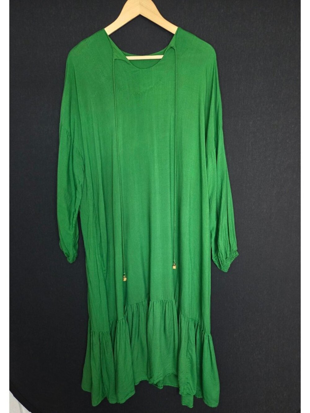 💙 Maria B Green Oversized Ruffle Hem Maxi Dress Size L/XL Balloon Sleeve Boho
